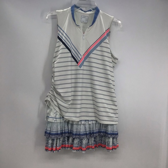 Lucky In Love Two Piece Tennis Pickleball Athletic Set White/Blue Size Large - Picture 1 of 11